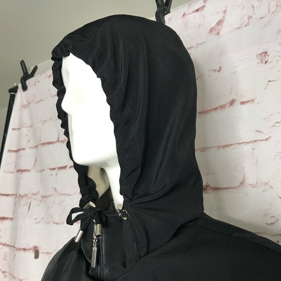 GALLERY Black & Taupe Trench Coat Raincoat detach Hood Size Medium 37” Length - Picture 10 of 16